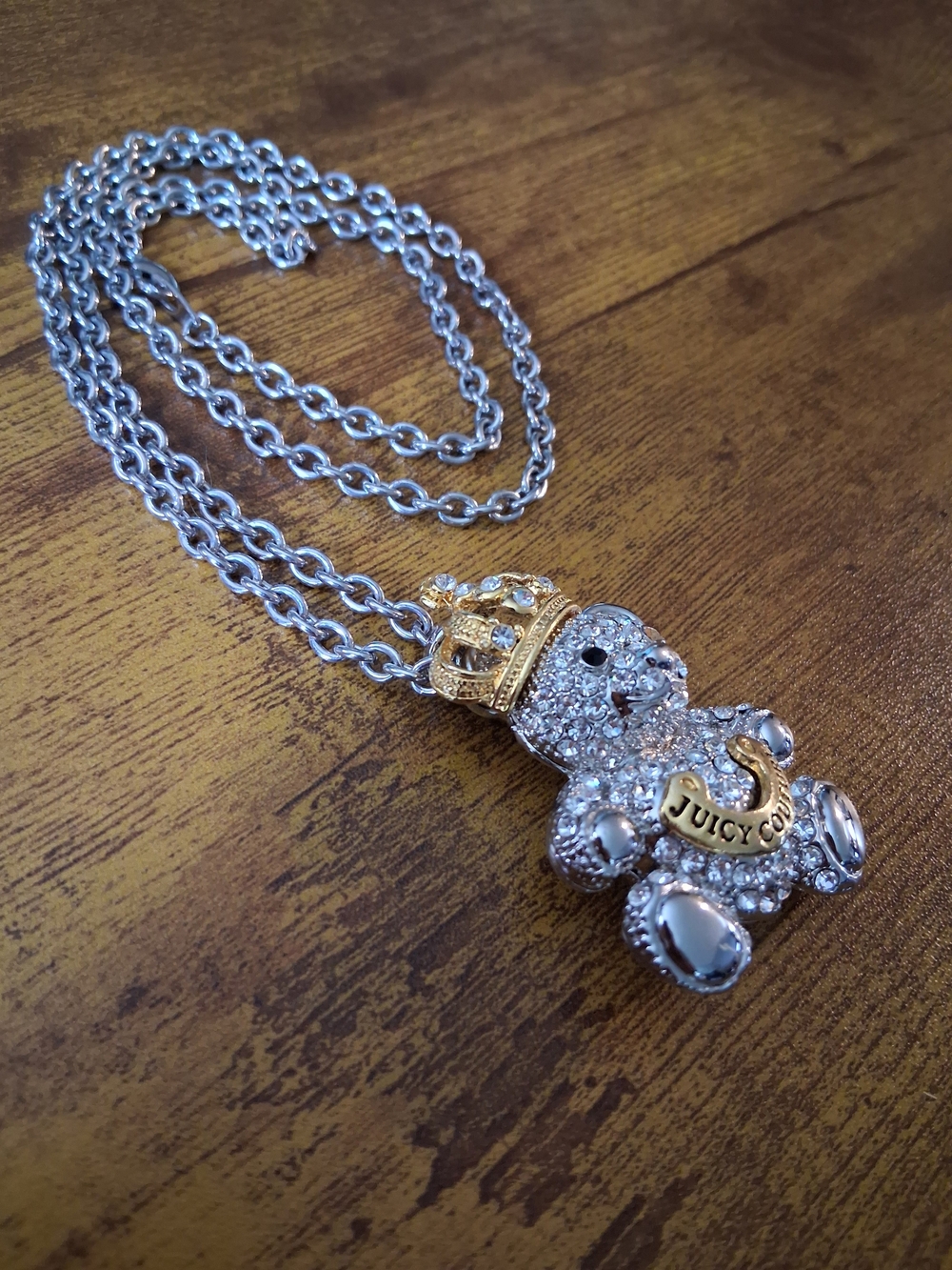 Vintage Juicy Couture Teddy Bear Pendant Necklace Rhinestone-Encrusted gold silv - Picture 4 of 11